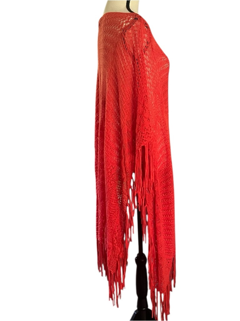 Lauren Ralph Lauren Boho Vibrant Long Fringe Crochet Open knit Poncho. L/XL - Picture 7 of 9